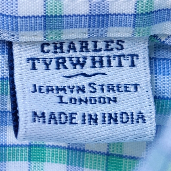 CHARLES TYRWHITT Button Down Shirt 16/33" Slim Check Long Sleeve Green Blue Mens - Picture 5 of 7